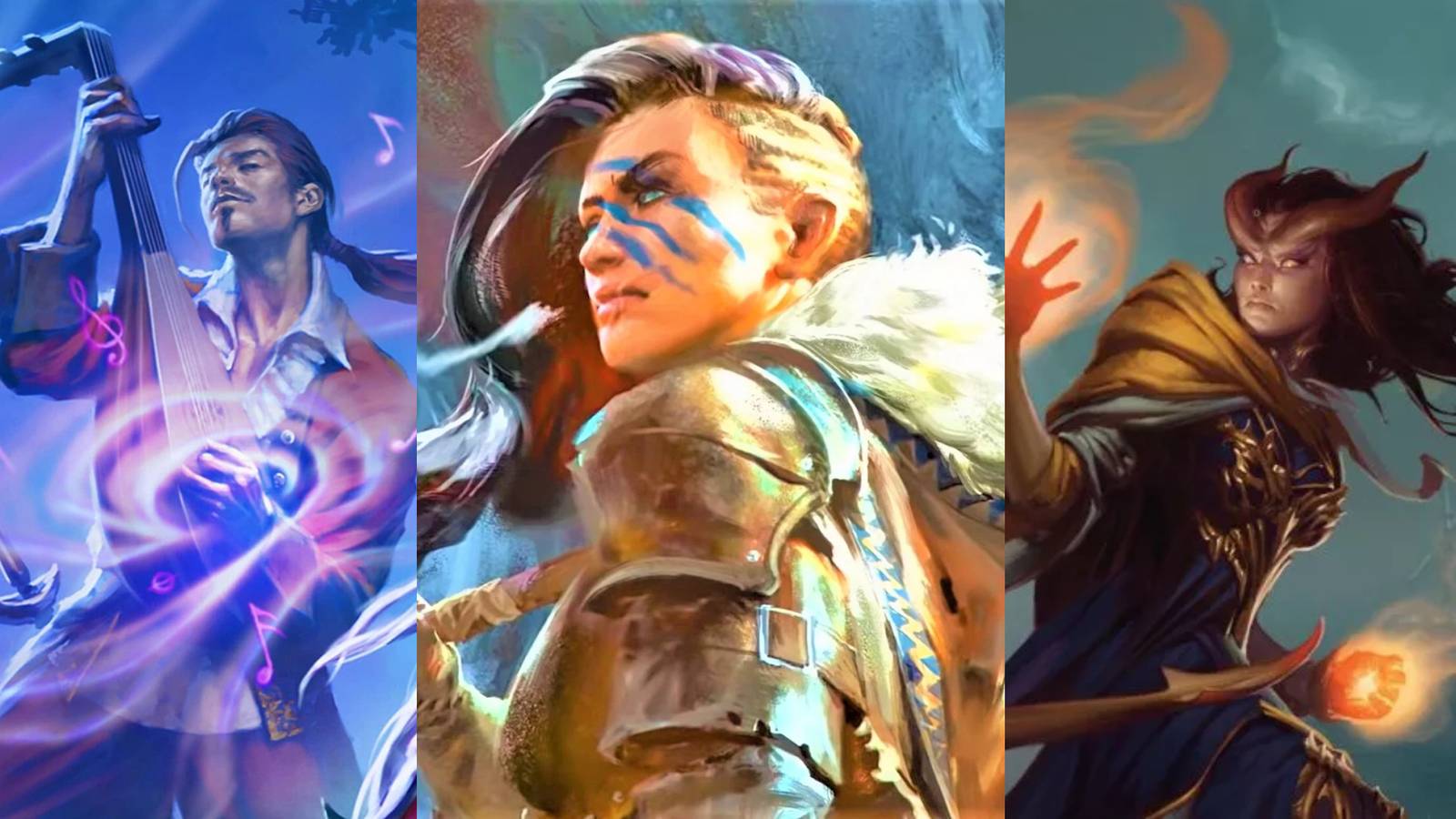 Split image featuring bard, barbarian and warlock