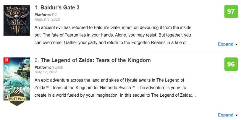 baldurs gate 3 and tears of the kingdom review scores