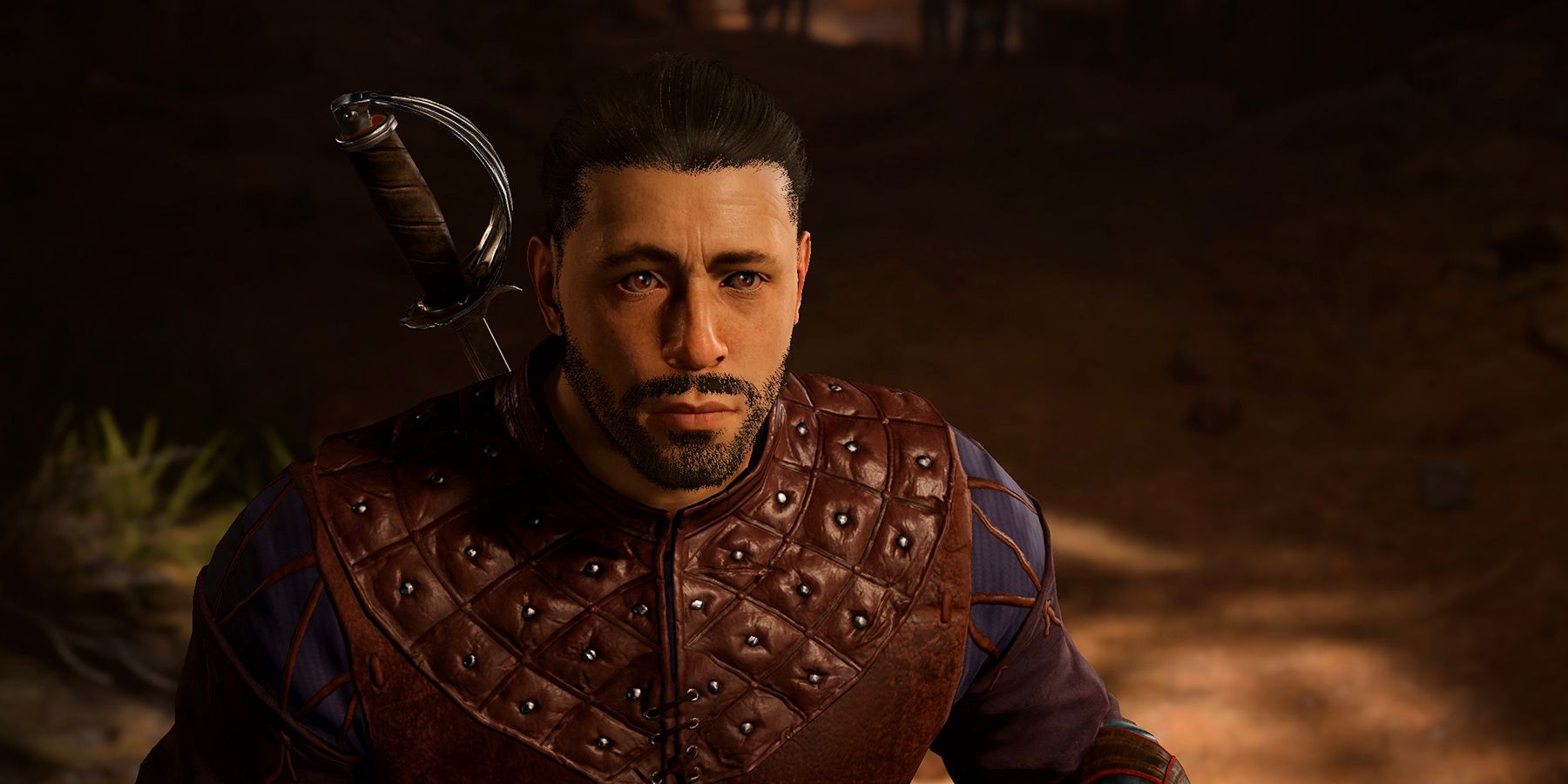 Baldurs Gate 3 close-up screenshot of human protagonist with raised eyebrow