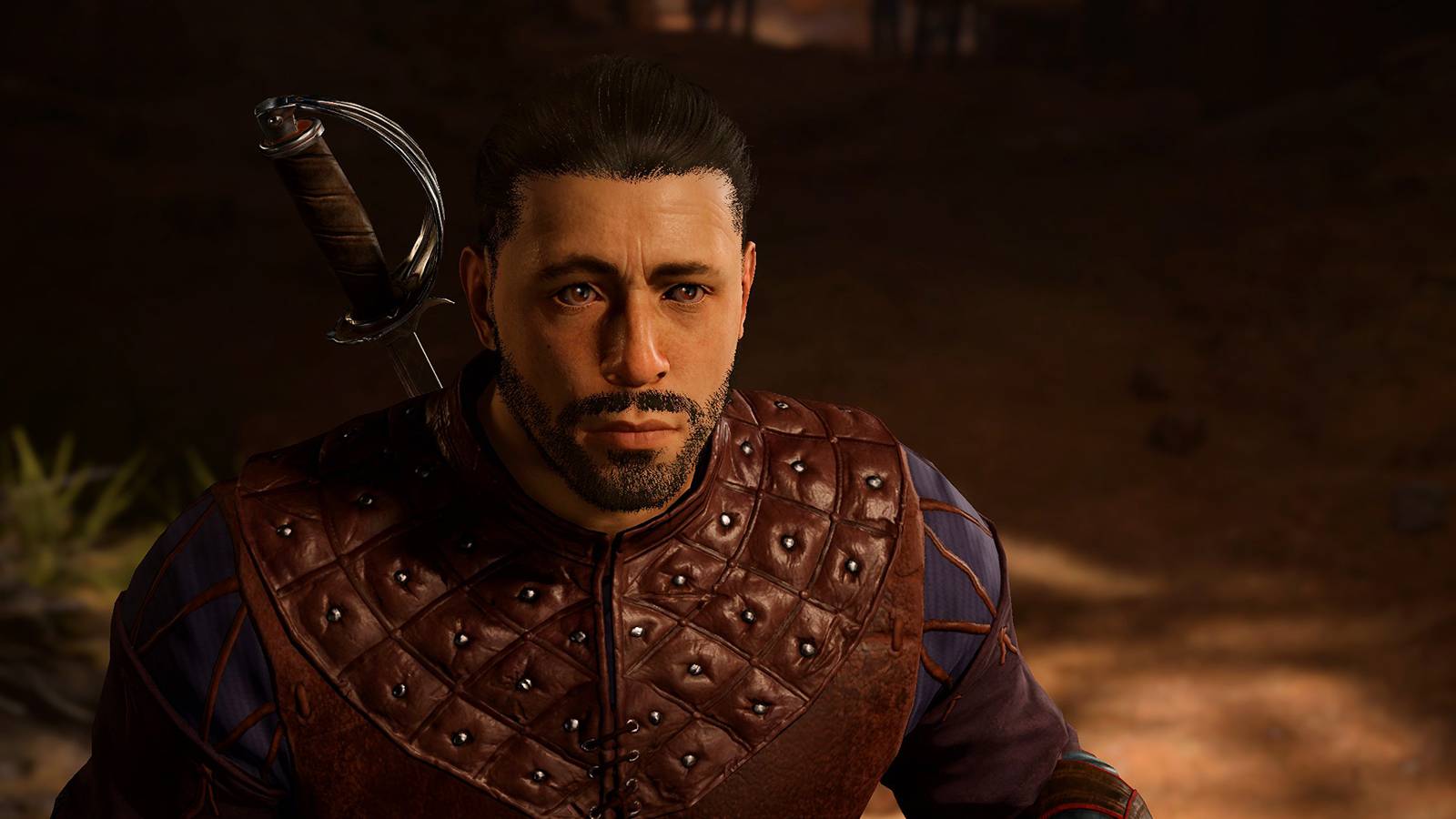 Baldurs Gate 3 close-up screenshot of human protagonist with raised eyebrow