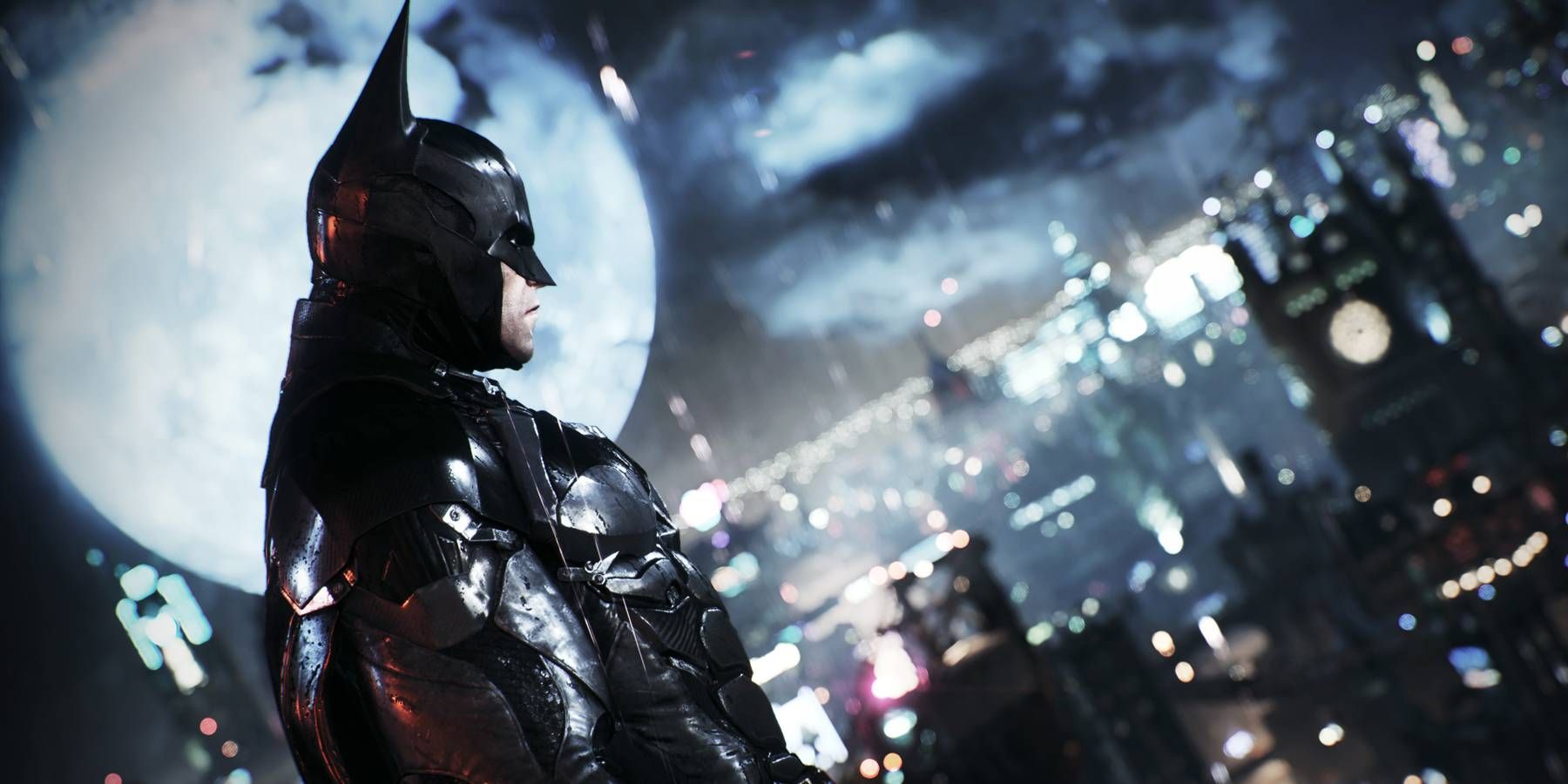 Batman overlooking Gotham City in Batman: Arkham Knight