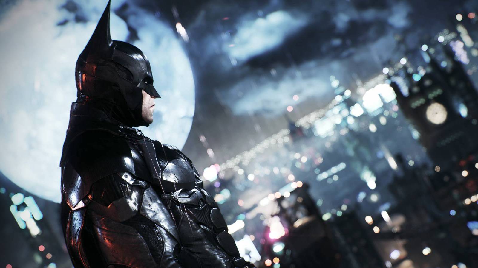 Batman overlooking Gotham City in Batman: Arkham Knight