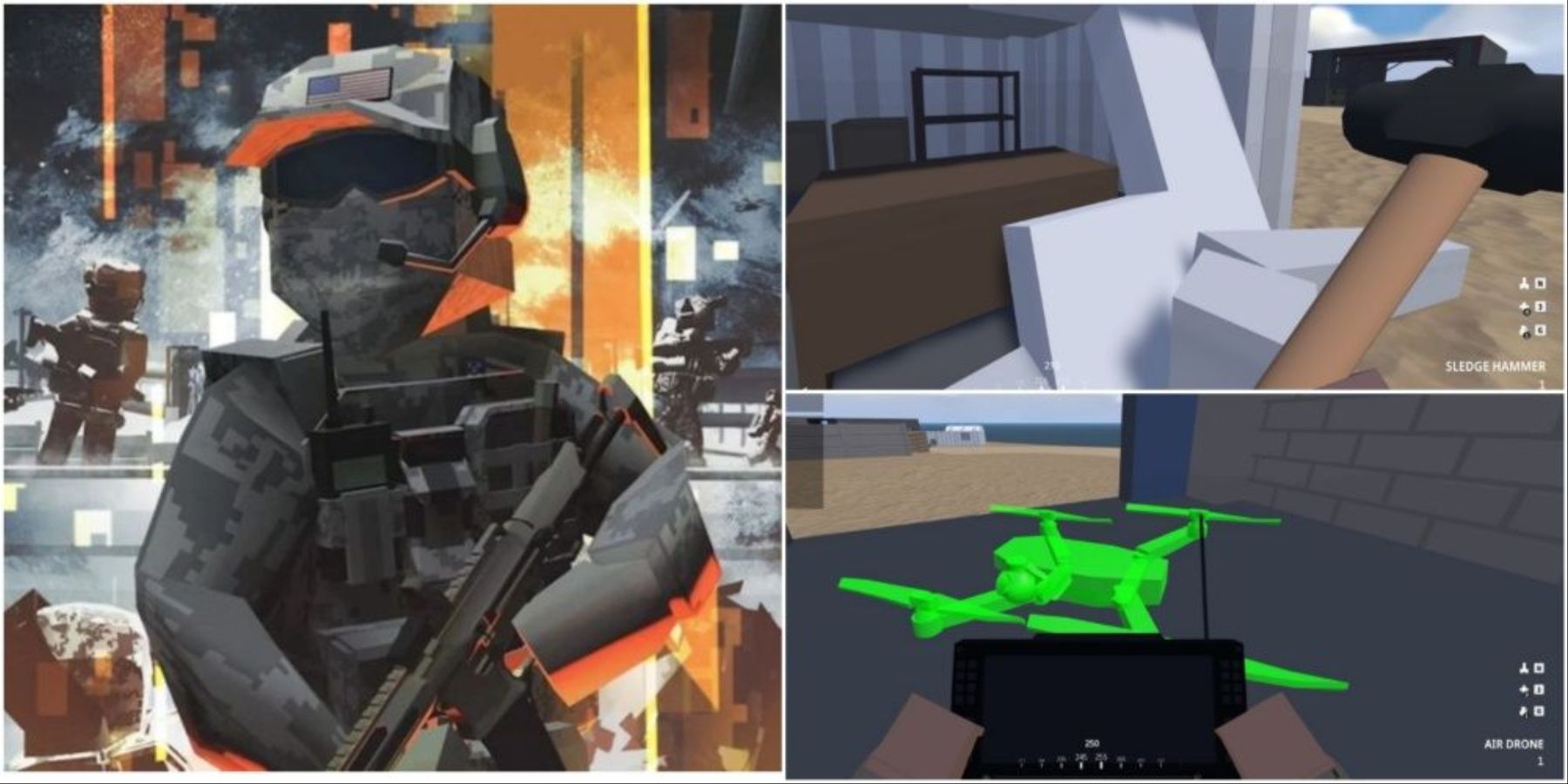 BattleBit splash art (left), BattleBit Sledge Hammer (top right), BattleBit Air Drone (bottom right)