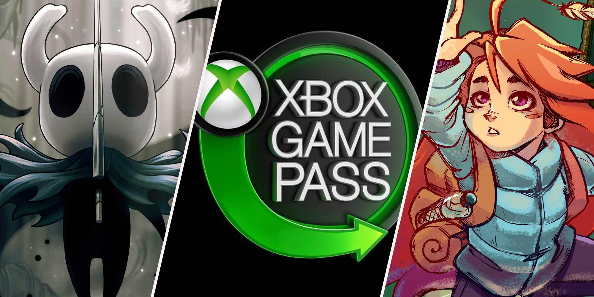 Capa de Hollow Knight, logotipo do Xbox game Pass e capa de Celest dividem imagens lado a lado
