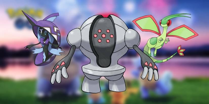 image showing three of the best pokemon for the fantasy league registeel, flygon, tapu fini. and 