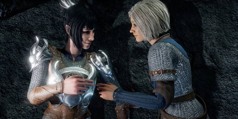 Shadowheart and the PC lying side by side, smiling.