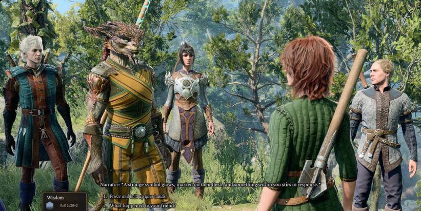 Party interacting with NPCs as narrator fills in the blank.