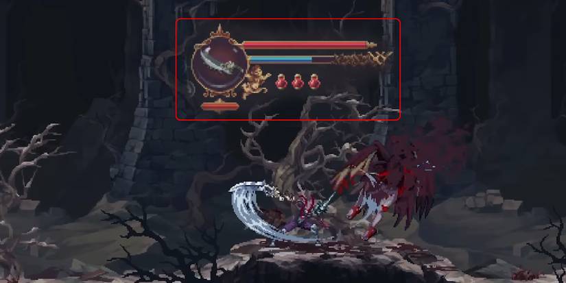 Blasphemous 2 - Penitent One Slashing With Ruego Al Alpha With HP Bar Overlaid On Top