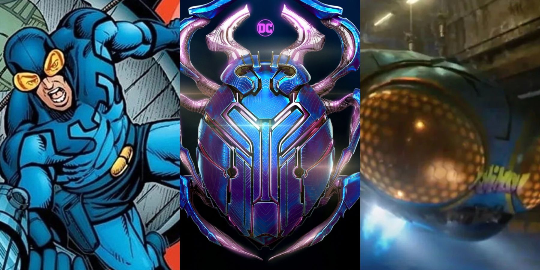 A split image features Ted Kord as Blue Beetle in DC Comics, the Scarab on a Blue Beetle movie poster, and the Blue Beetle Bug car in the Blue Beetle movie