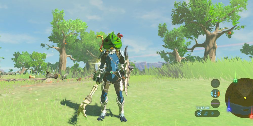 Link, wearing a Korok Mask and holding a Bokoblin Arm, outside by some trees.