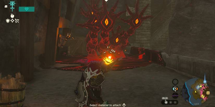 Link fusing Bomb Flower to arrow in front of Gloom Hands