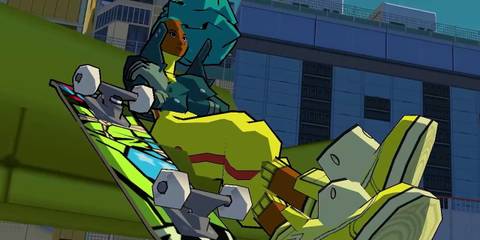 Bomb Rush Cyberfunk player character leans against walls with skateboard in shot