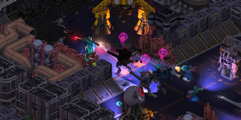 Several mechas battling in a dark, industrial environment. Image source: igdb.com