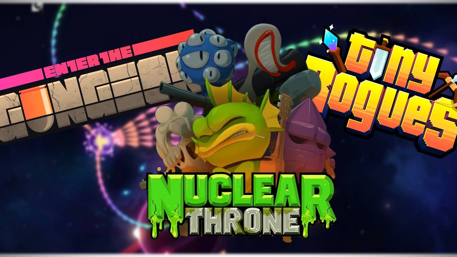 Best Bullet Hell Games Featured Image - Nova drift gameplay + Enter the gungeon, Nuclear Throne, Tiny Rogues logos