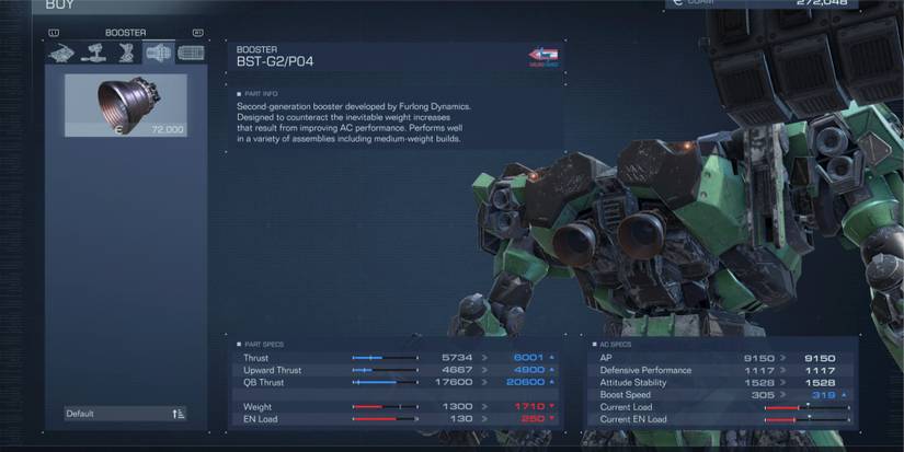 Buying a booster in Armored Core 6 Fires of Rubicon