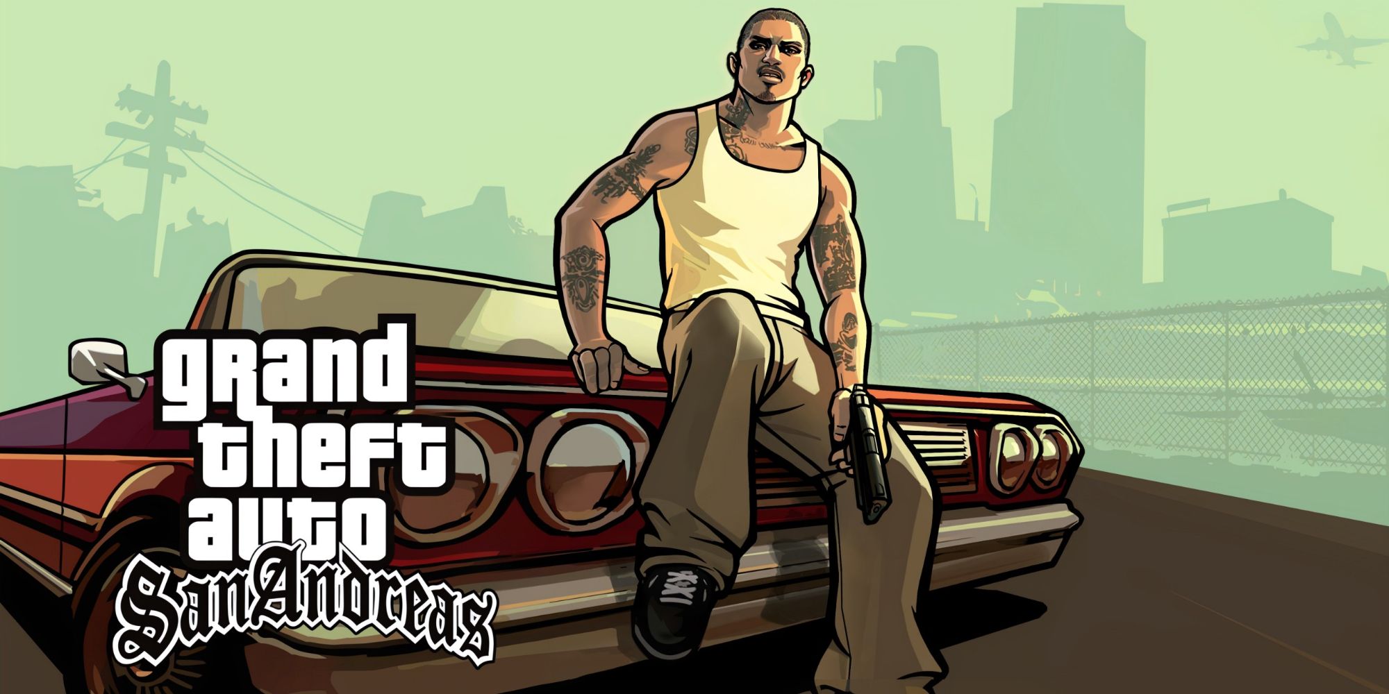 cesar sitting on a car, with a gun in his hand. 