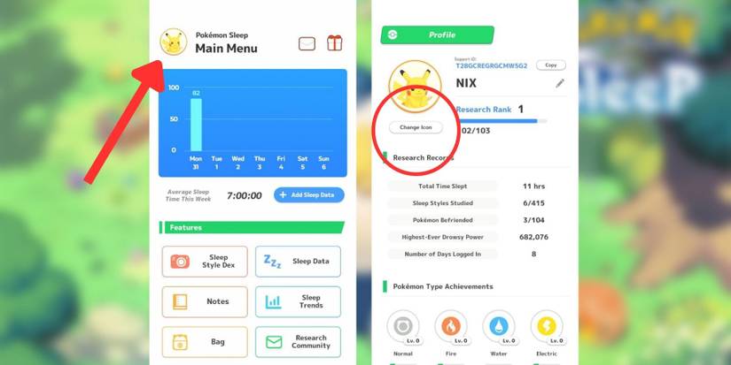 image showing how to change player avatar in pokemon sleep.