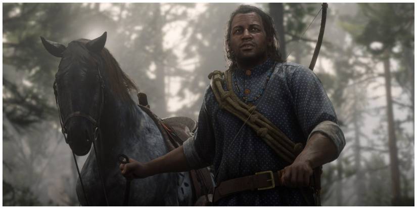 Charles walking with his horse through the forest, looking ahead