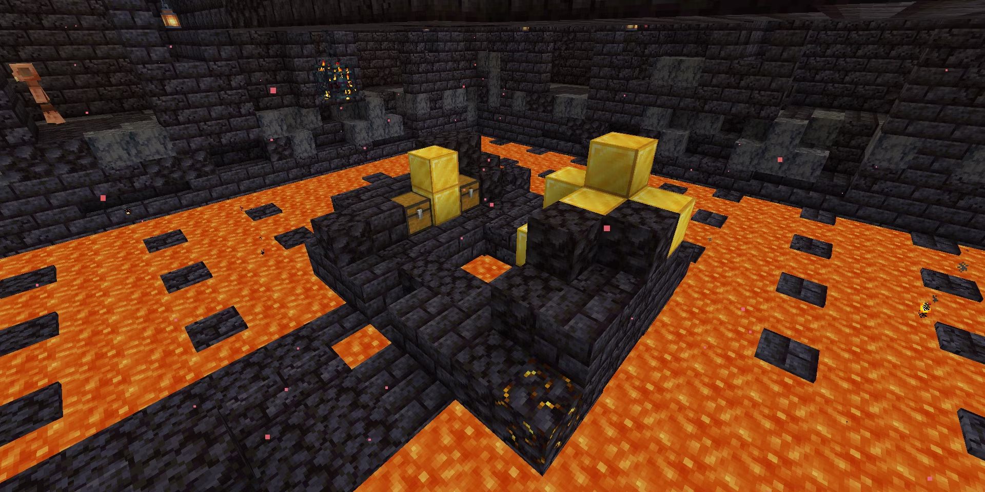 Chests sitting at the bottom of a Bastion Remnant in Minecraft