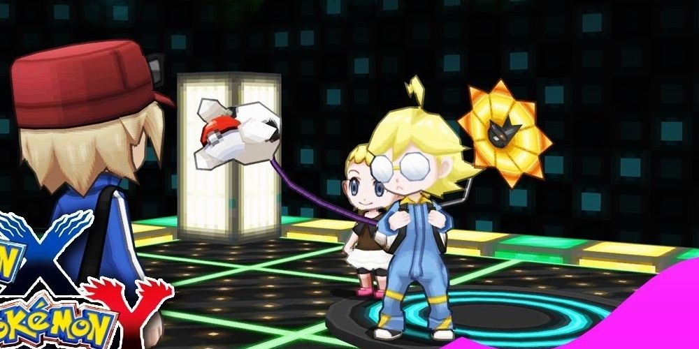 Clemont stands ready to battle the player character with his little sister Bonnie behind him