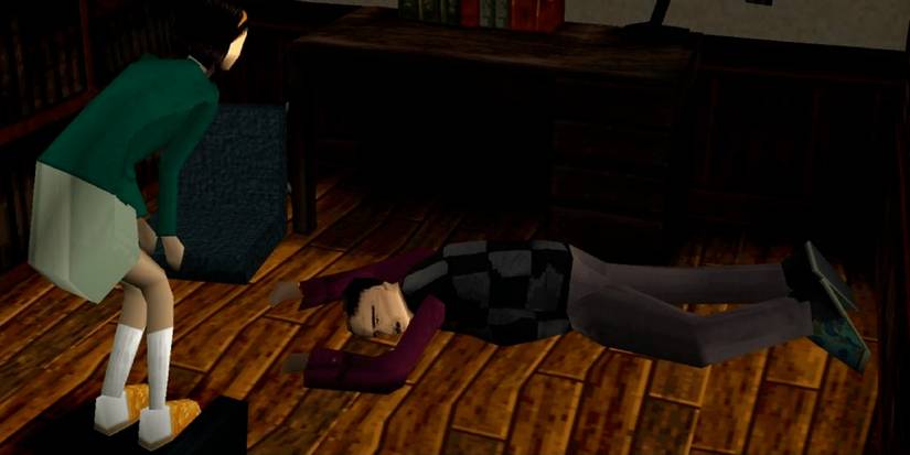 Character leaning over a dead body