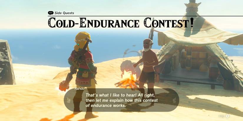 Link accepting the Cold-Endurance Contest quest from Rahdo 