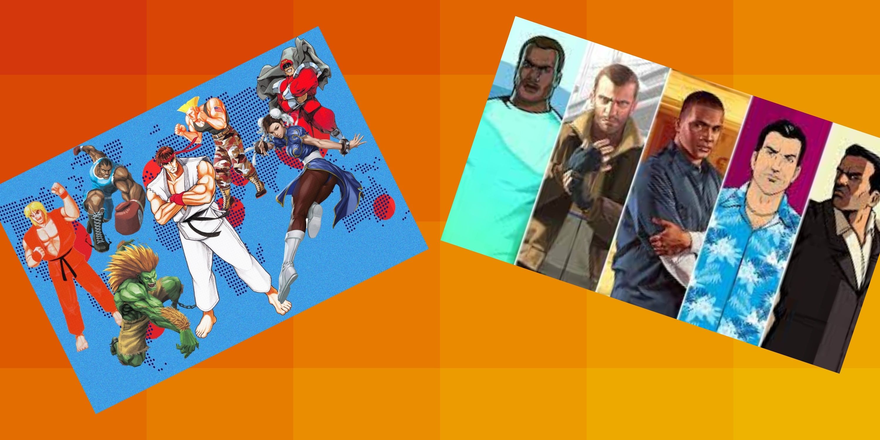 Fighters from Street Fighter and protagonist from GTA stare out 