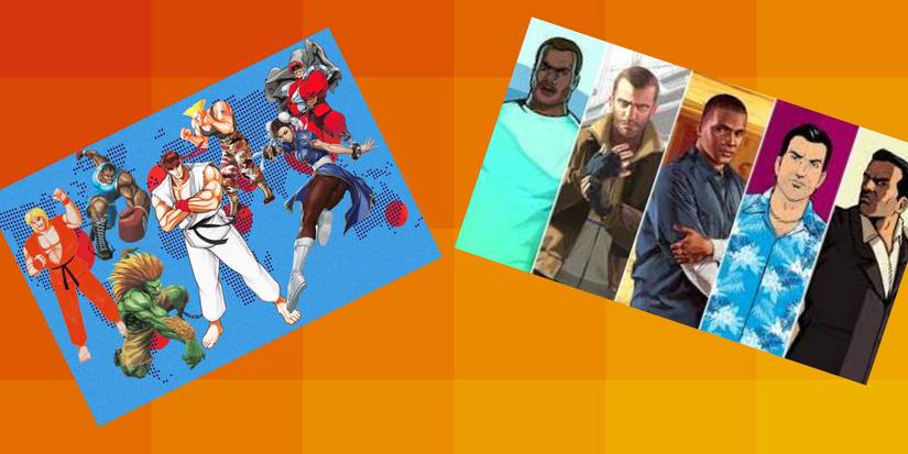 Fighters from Street Fighter and protagonist from GTA stare out 