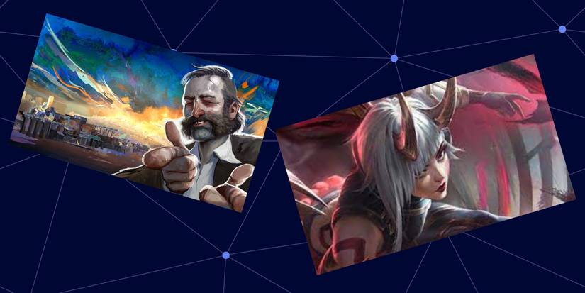 The protagonist of Disco Elysium fingerguns on the left whilst a League of Legends character with horns prepares to strike on the right