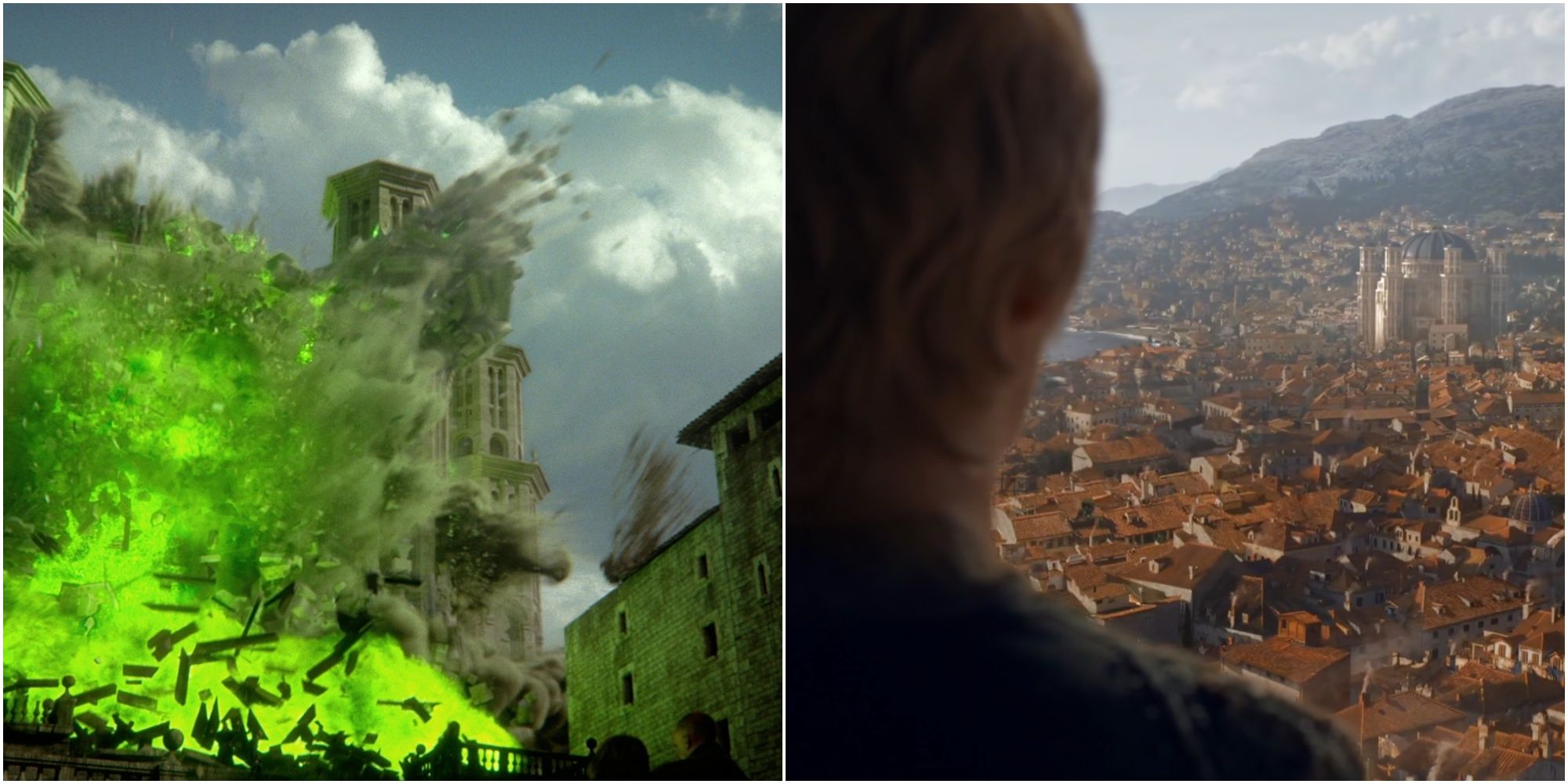 Split image of the destruction of the Great Sept of Baelor and Cersei watching the Sept from the Red Keep in Game of Thrones.