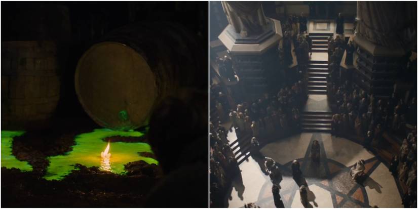 Split image of barrels of wildfire and the Great Sept in Game of Thrones.