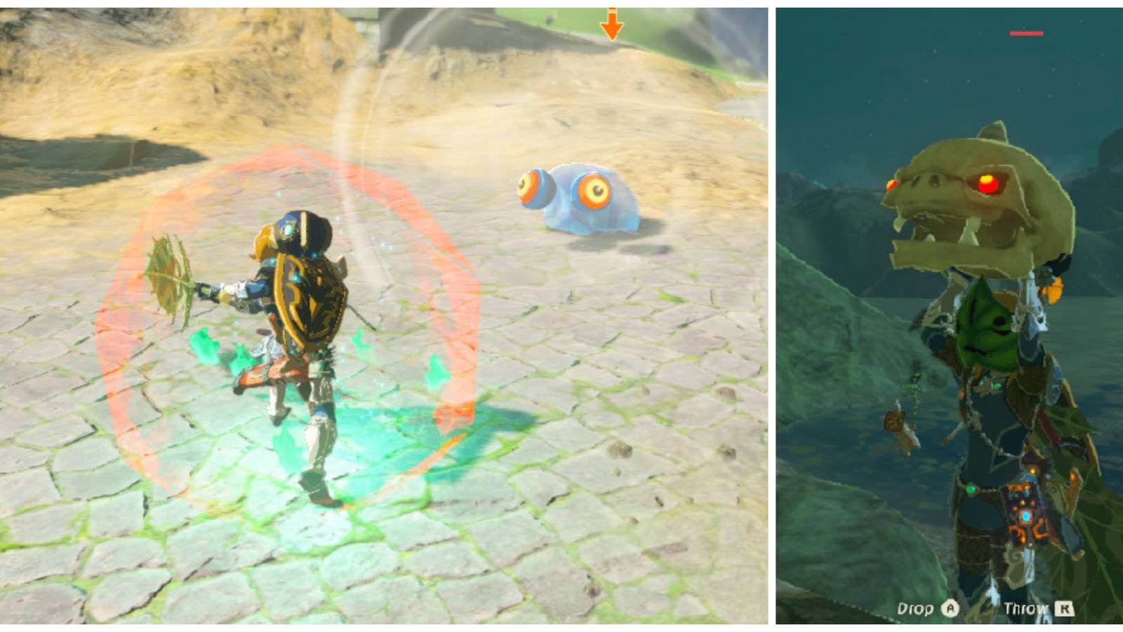 Left: Link swinging a Korok Leaf at a ChuChu. Right: Link carrying a stalkoblin skull above his head.