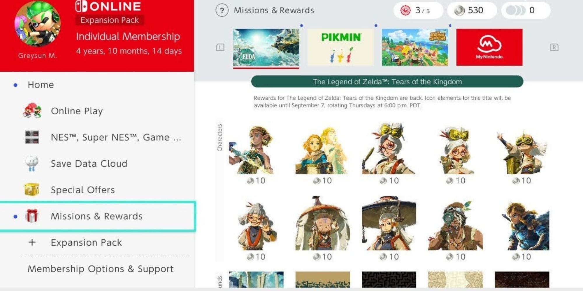 zelda icons on the missions and rewards screen nso