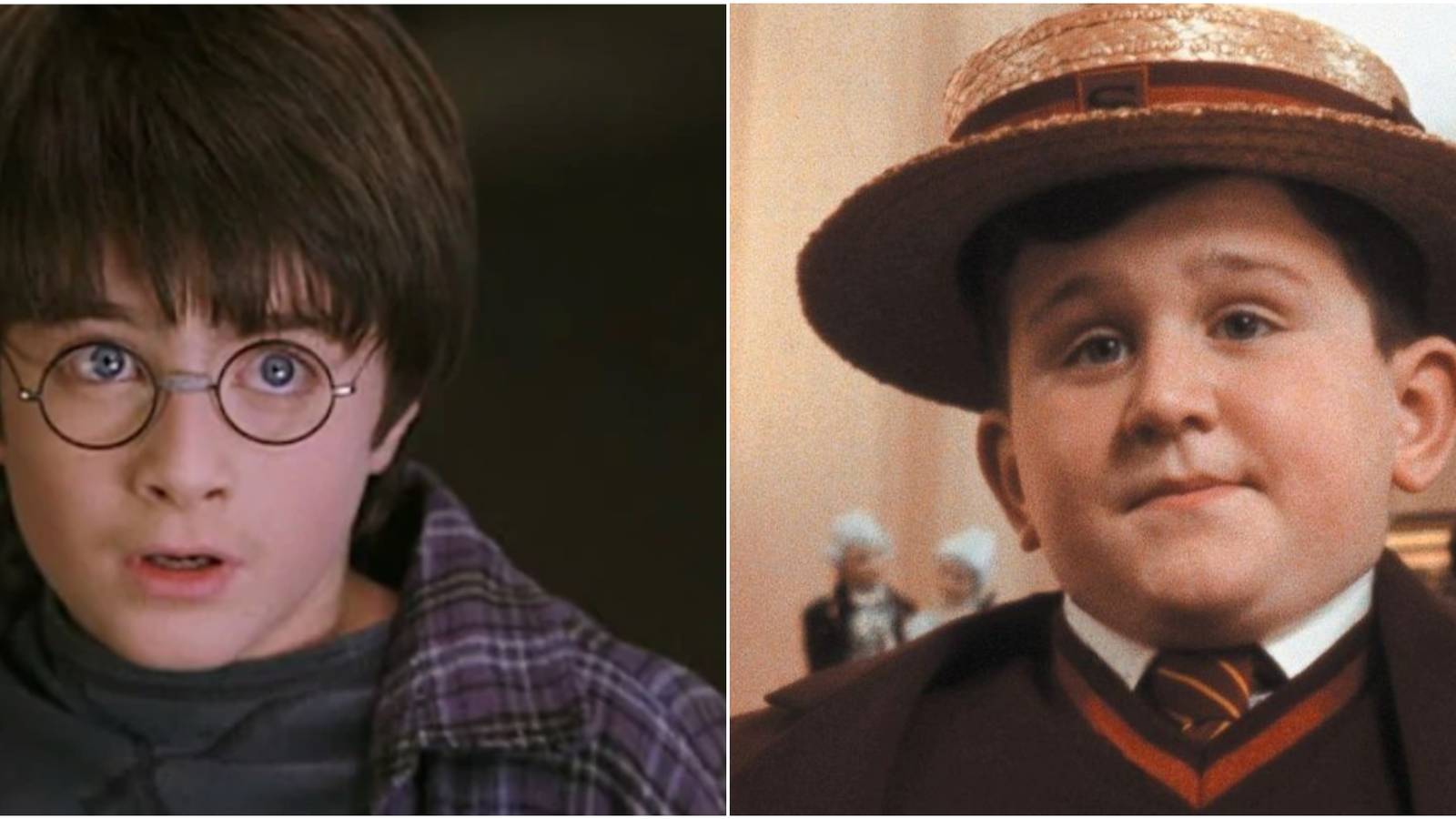 Split image of young iterations of Harry Potter and Dudley Dursley in Harry Potter. 