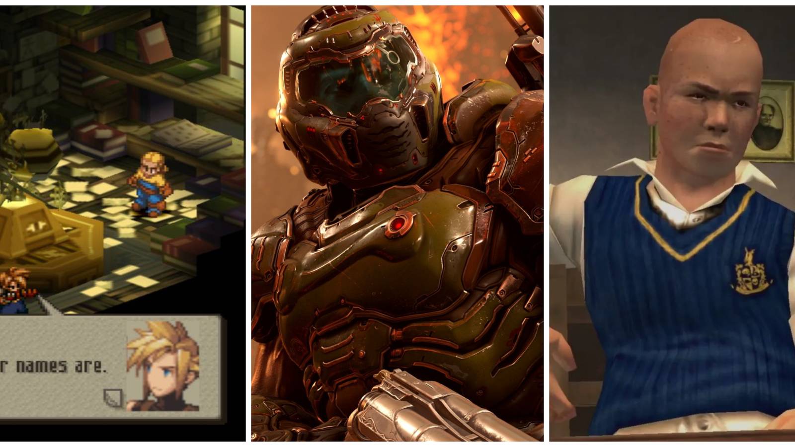 a collage image of ff tactics bully and doom eternal