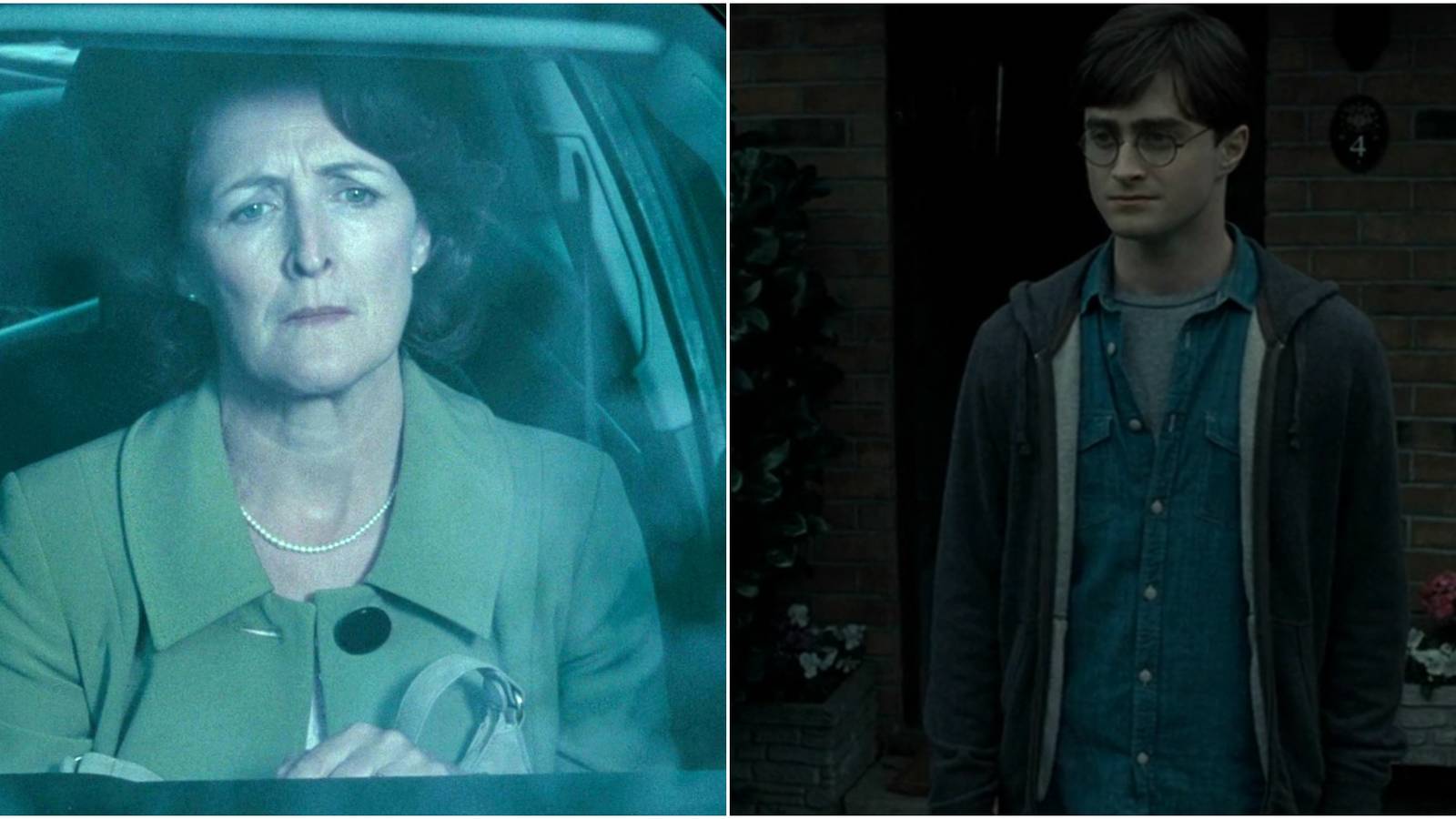 Split image of Aunt Petunia and Harry Potter in The Deathly Hallows.