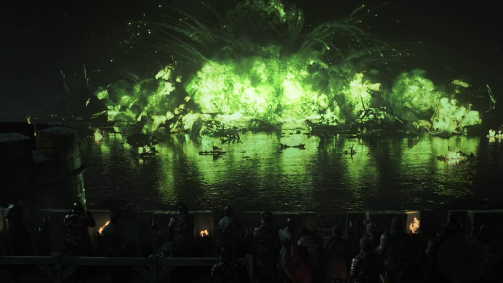 Wildfire obliterates Stannis' fleet at the Battle of Blackwater in Game of Thrones.