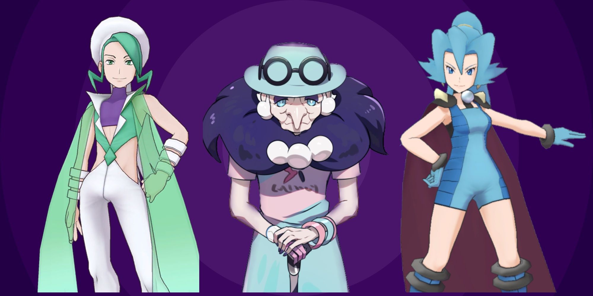 Gym Leaders Wallace, Opal, and Clair stand in a line facing forward on a purple background