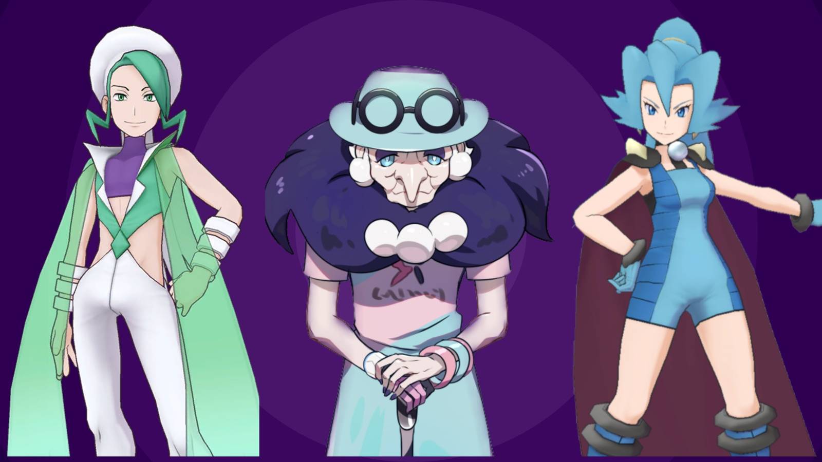 Gym Leaders Wallace, Opal, and Clair stand in a line facing forward on a purple background