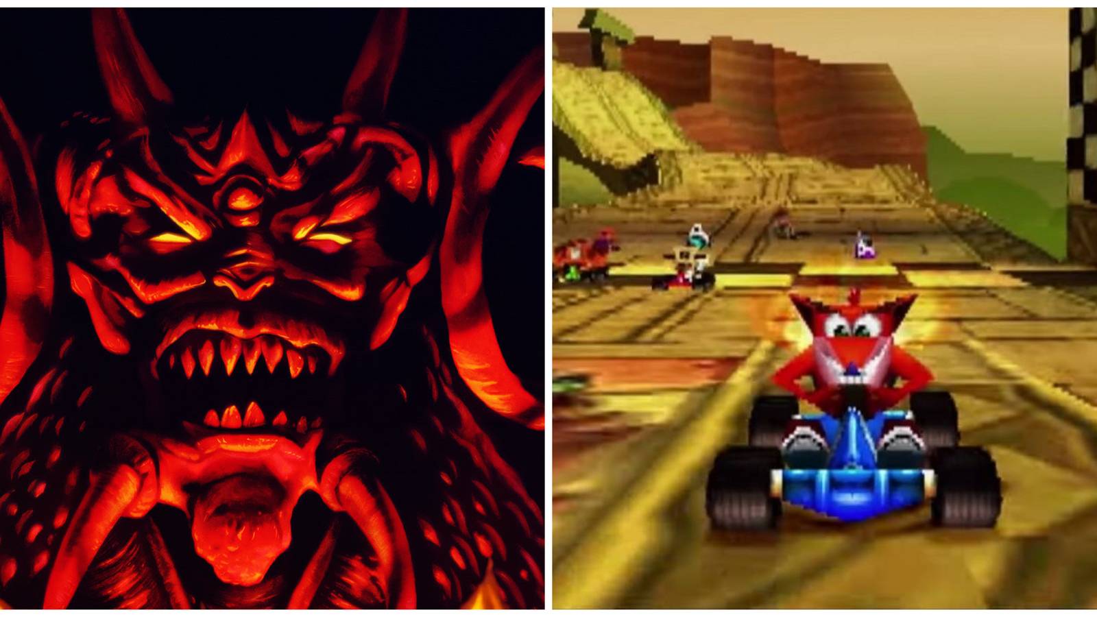A split image of Diablo and CTR: Crash Team Racing