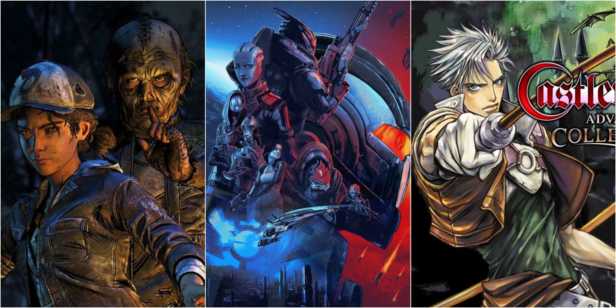 a collage image featuring the walking dead, mass effect and castlevania