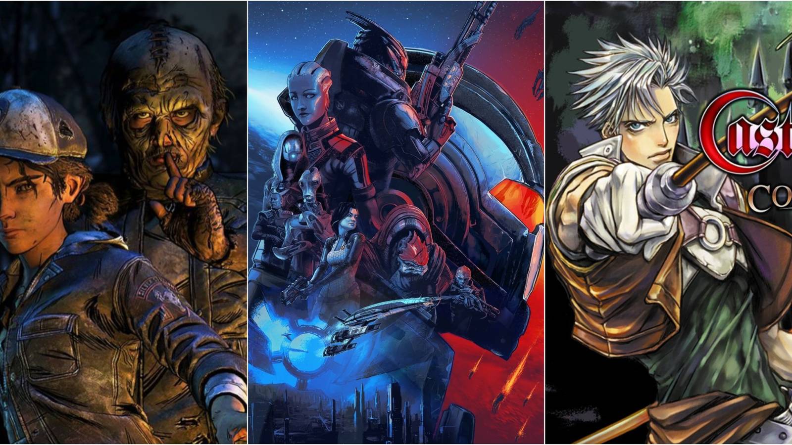 a collage image featuring the walking dead, mass effect and castlevania