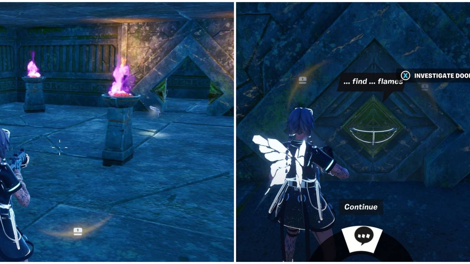 ruins braziers and door match flame