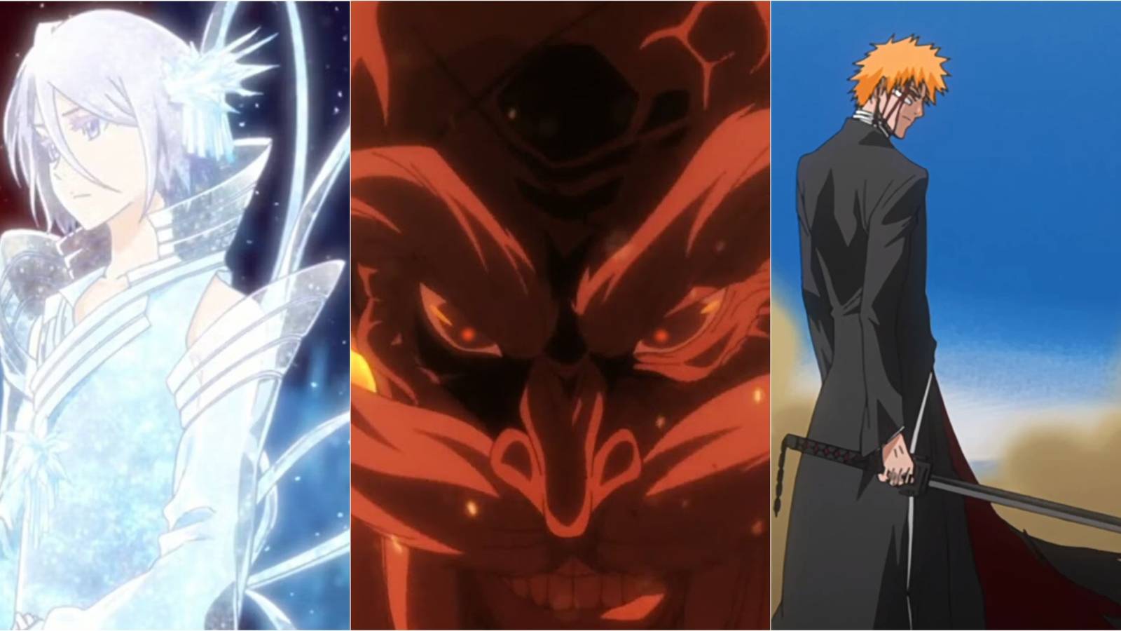 Rukia, Yamamoto, and Ichigo activating their Bankai