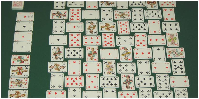 Patience (Crazy Quilt) laid out on a table