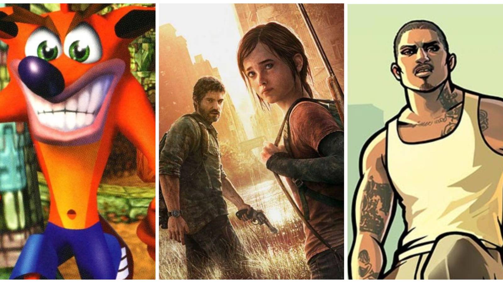 Feature header with Crash Bandicoot, Last Of Us Joel and Ellie, and GTA San Andreas CJ
