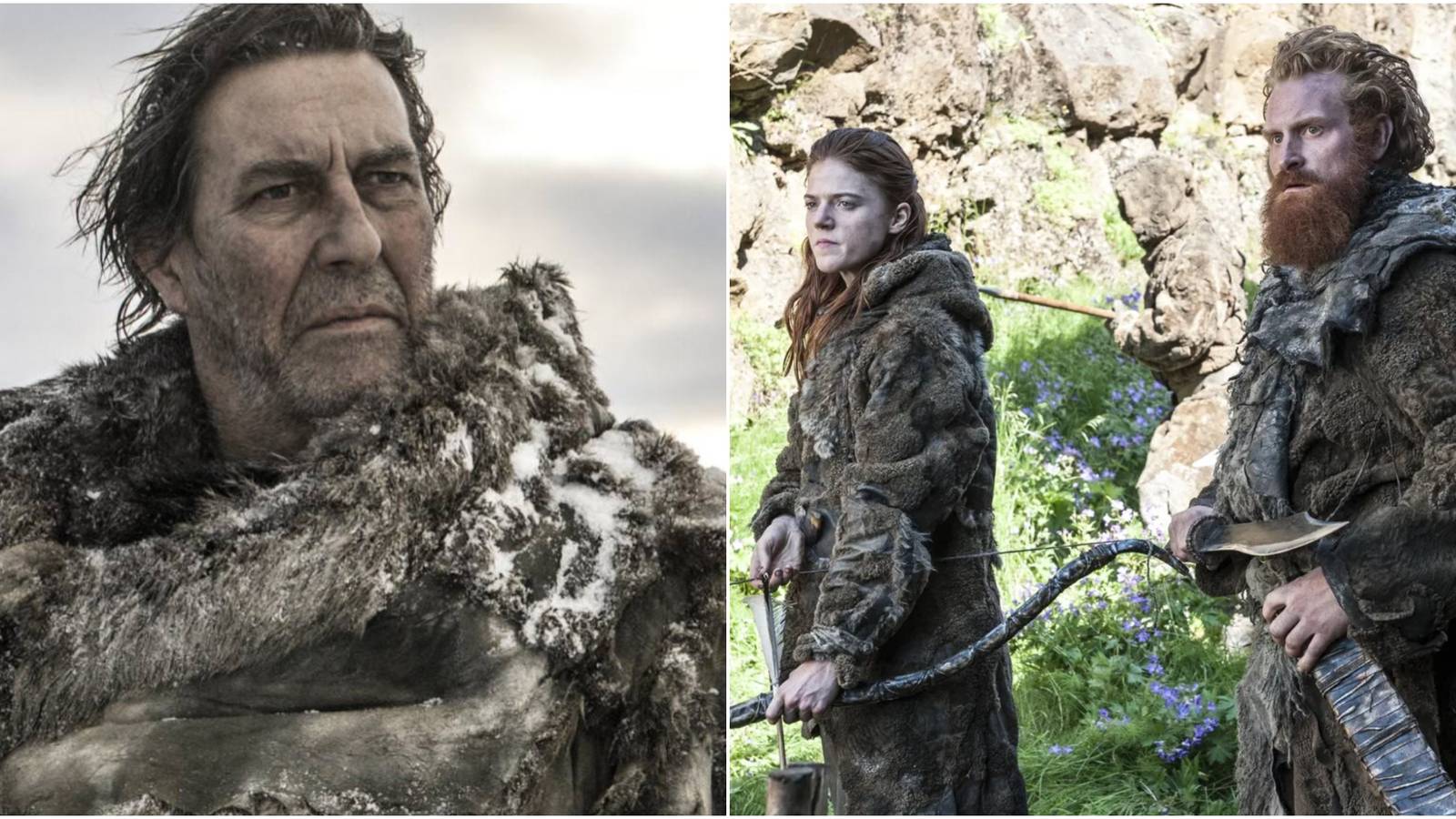 Split image showing Mance Rayder and Ygritte and Tormund Giantsbane in Game of Thrones.