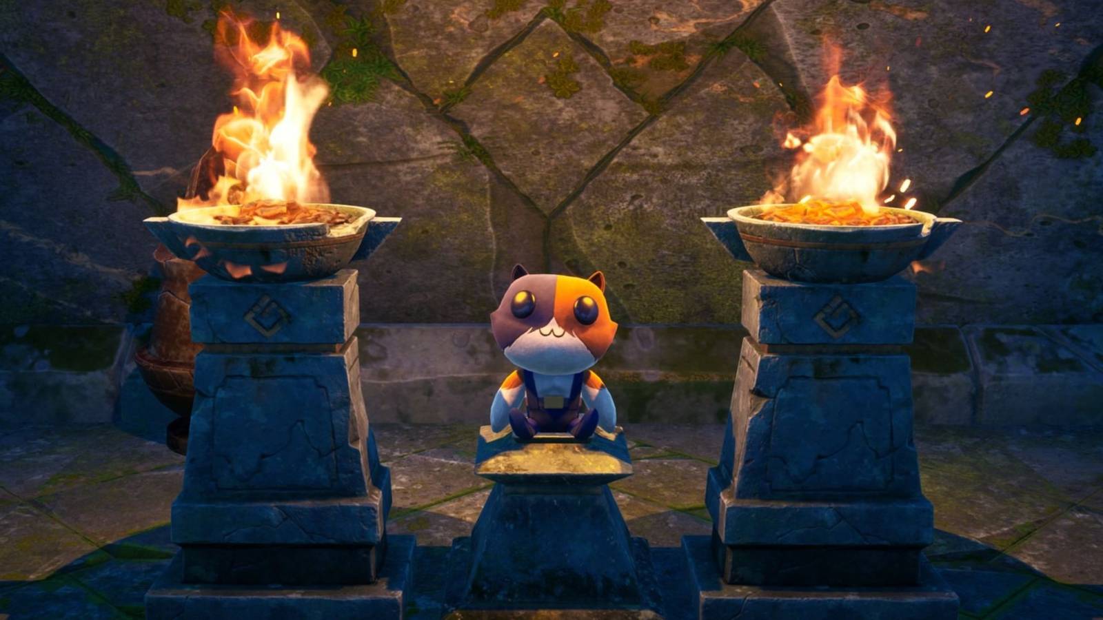 meowscle doll sitting between two lit braziers