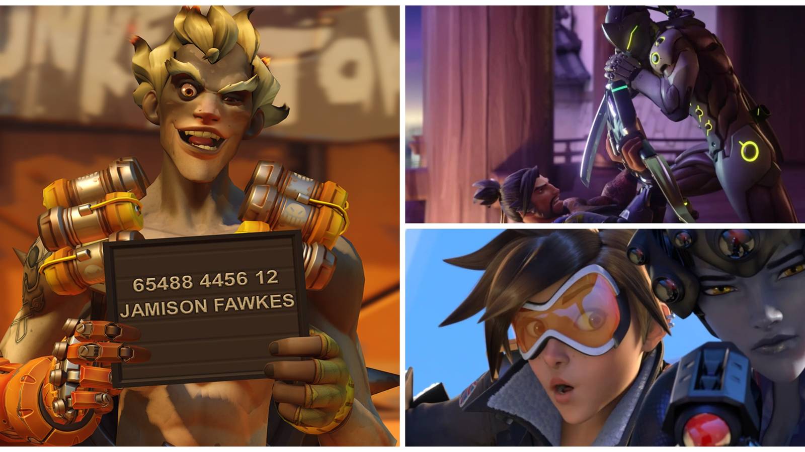 junkreat mugshot, tracer and widowmaker, hanzo and genji overwatch 2 trailers
