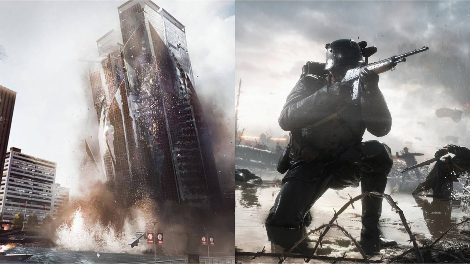 Skyscraper Falling And Soldiers On A Battlefield Shooting